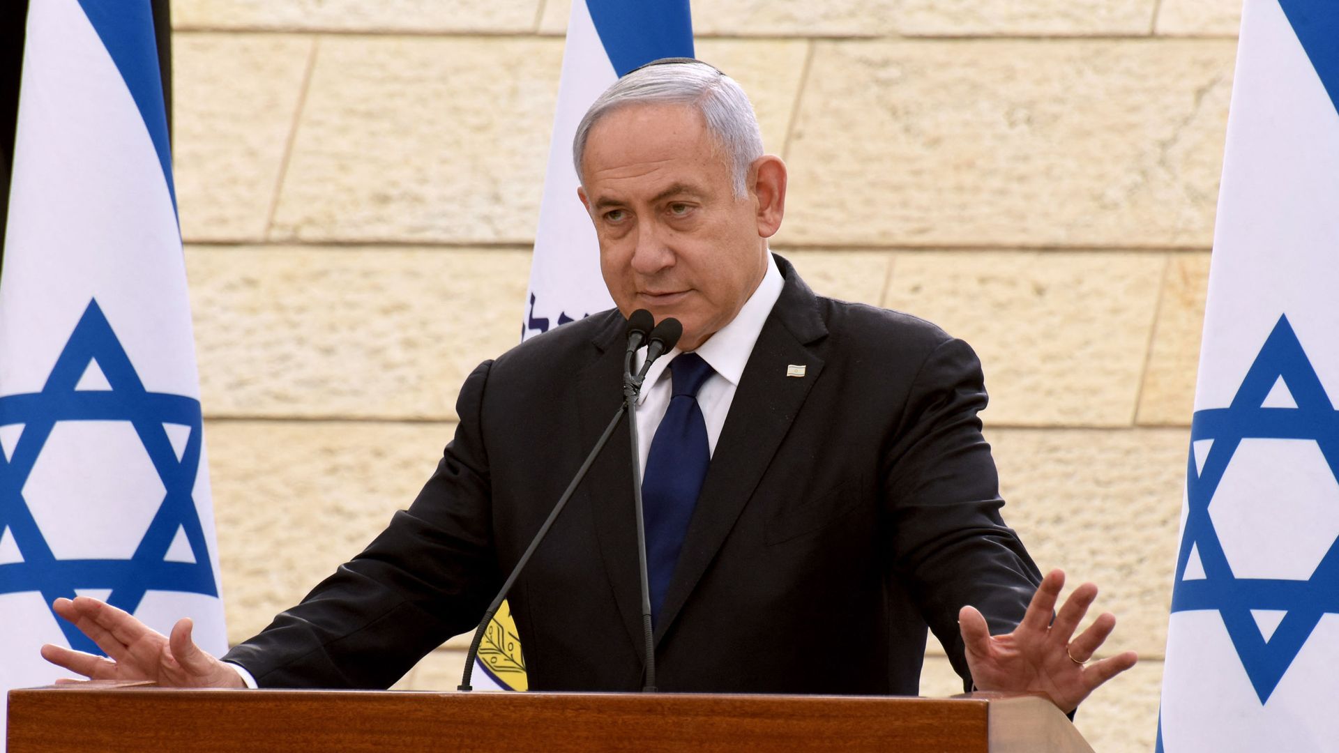  In this file photo taken on April 13, 2021 Israeli Prime Minister Benjamin Netanyahu speaks during a ceremony to mark Yom HaZikaron, Israel's Memorial Day for fallen soldiers, at the Yad LeBanim House in Jerusalem. - Netanyahu's mandate to form a government following an inconclusive election expired on May 5, 2021 giving his rivals a chance to take power and end the divisive premier's record tenure.  - Sputnik International, 1920, 22.01.2024
