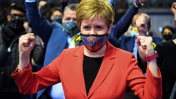 Scotland's First Minister and leader of the Scottish National Party (SNP), Nicola Sturgeon reacts after being declared the winner of the Glasgow Southside seat at Glasgow counting centre in the Emirates Arena in Glasgow on May 7, 2021, during counting for the Scottish parliament elections.  - Sputnik International