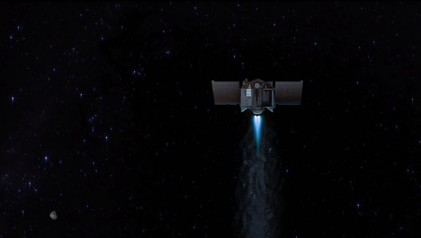 This illustration shows the OSIRIS-REx spacecraft departing asteroid Bennu to begin its two-year journey back to Earth. - Sputnik International