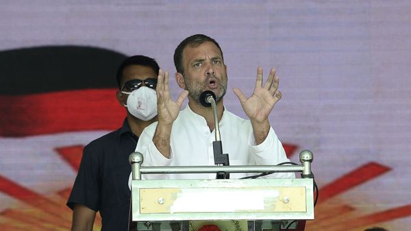 India's Congress party leader Rahul Gandhi gestures as he addresses a public rally ahead of the Tamil Nadu state legislative assembly elections, in Chennai on March 28, 2021 - Sputnik International