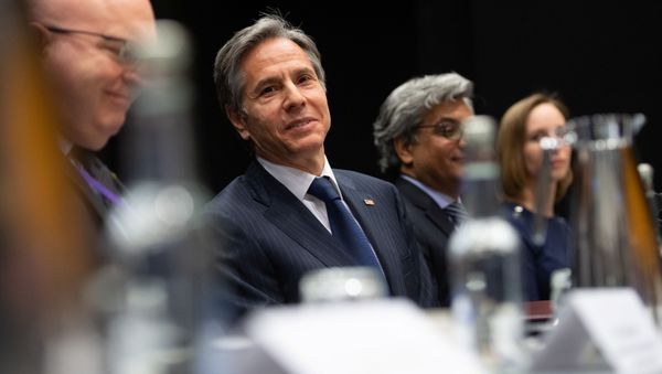 U.S. Secretary of State Antony Blinken meets with Swedish Foreign Minister Ann Linde (not pictured) at the Harpa Concert Hall, on the sidelines of the Arctic Council Ministerial summit, in Reykjavik, Iceland, May 19, 2021 - Sputnik International