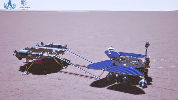 In this artist's rendering made available by the China National Space Administration (CNSA) on Saturday, May 22, 2021, China's Zhurong rover is depicted on the surface of Mars. - Sputnik International