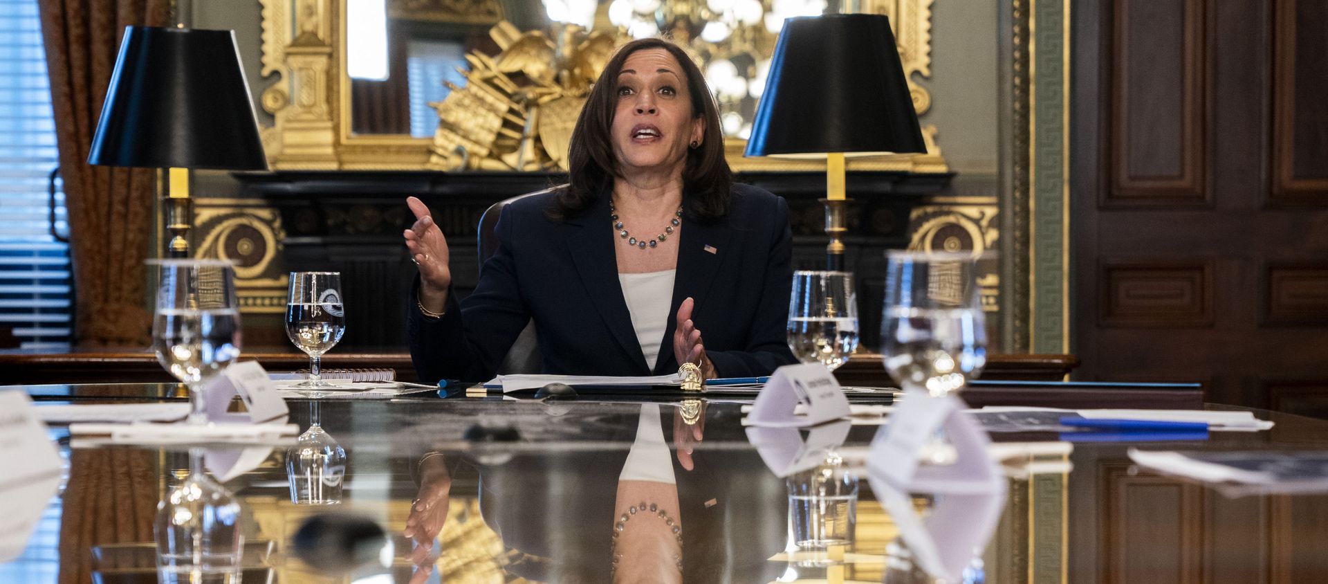 Vice President Kamala Harris is reflected in a table as she speaks during the inaugural meeting of the Task Force on Worker Organizing and Empowerment, in Harris' ceremonial office, Thursday, May 13, 2021, on the White House complex in Washington Vice President Kamala Harris is reflected in a table as she speaks during the inaugural meeting of the Task Force on Worker Organizing and Empowerment, in Harris' ceremonial office, Thursday, May 13, 2021, on the White House complex in Washington - Sputnik International, 1920, 02.06.2021