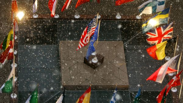 The flags of the United States and the European Union stand amid the national flags of the European Union nations during a gentle snowfall at European Union headquarters  in Brussels, Belgium, Tuesday, Feb. 22, 2005 - Sputnik International