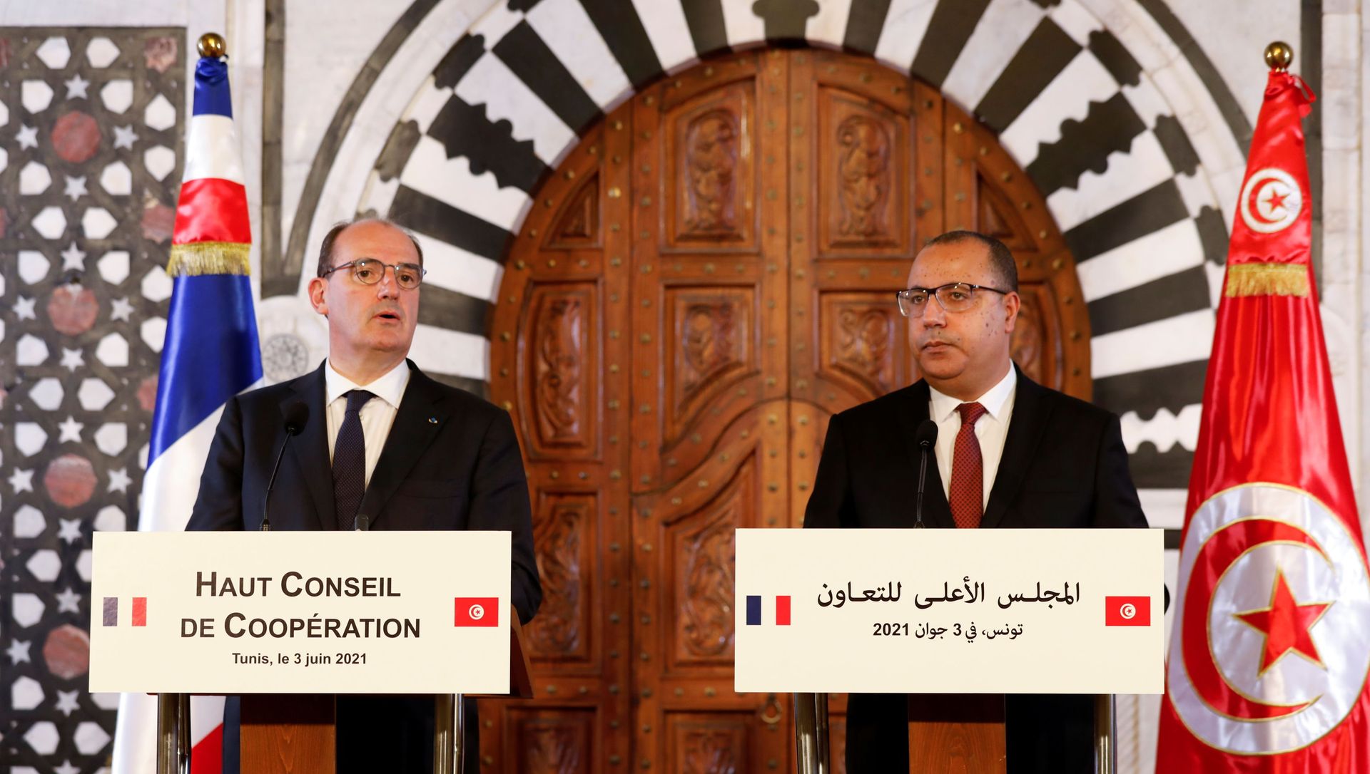 French Prime Minister Jean Castex and Tunisian Prime Minister Hichem Mechichi attend a news conference in Tunis, Tunisia June 3, 2021. French Prime Minister Jean Castex and Tunisian Prime Minister Hichem Mechichi attend a news conference in Tunis, Tunisia June 3, 2021. - Sputnik International, 1920, 05.06.2021
