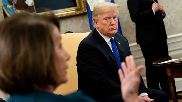 US President Donald Trump (R) listens while presumptive Speaker, House Minority Leader Nancy Pelosi (D-CA) makes a statement to the press before a meeting at the White House December 11, 2018 in Washington, DC - Sputnik International