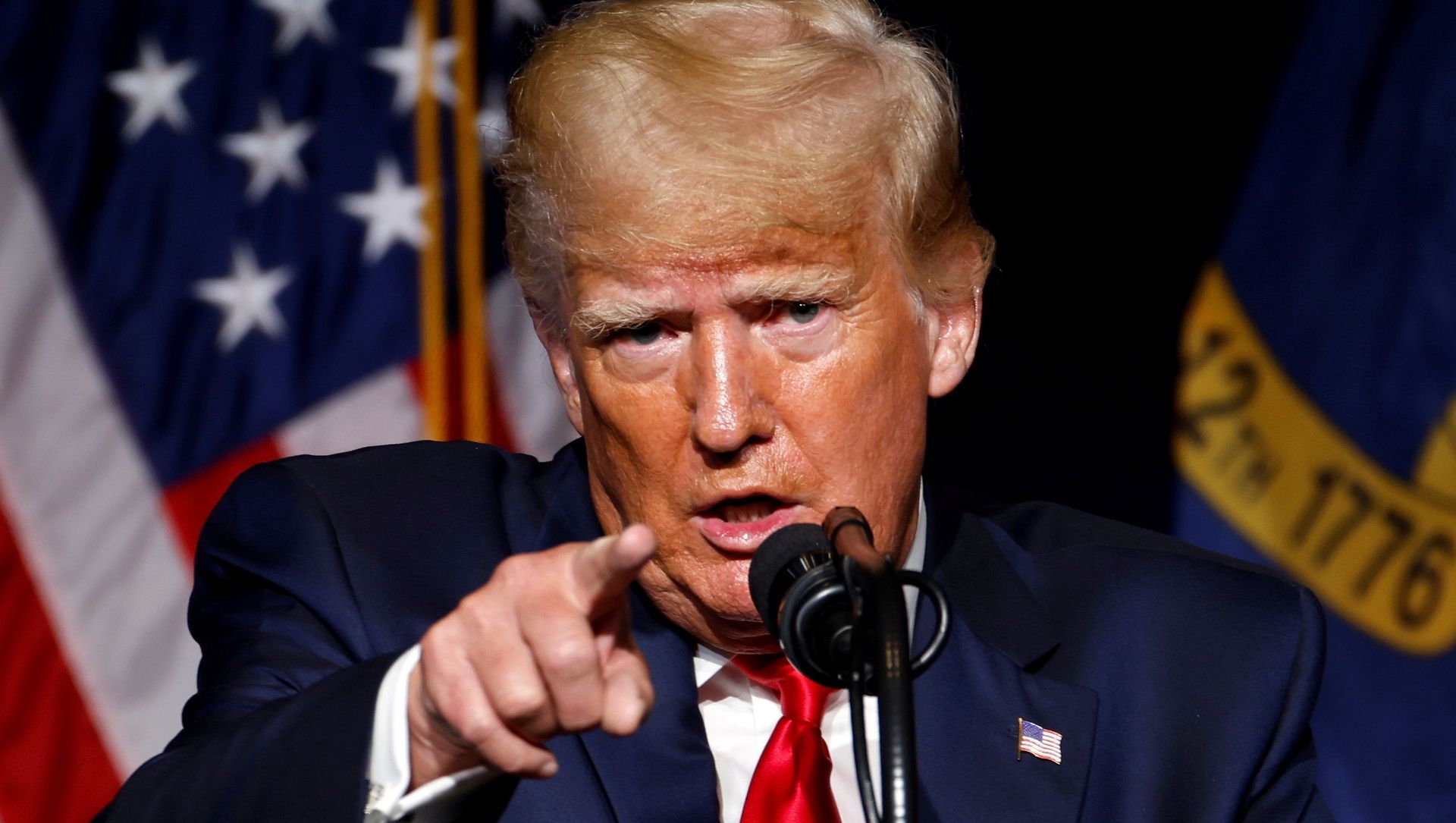 Former U.S. President Donald Trump points at the media while speaking at the North Carolina GOP convention dinner in Greenville, North Carolina, U.S. June 5, 2021. Former U.S. President Donald Trump points at the media while speaking at the North Carolina GOP convention dinner in Greenville, North Carolina, U.S. June 5, 2021. - Sputnik International, 1920, 06.06.2021