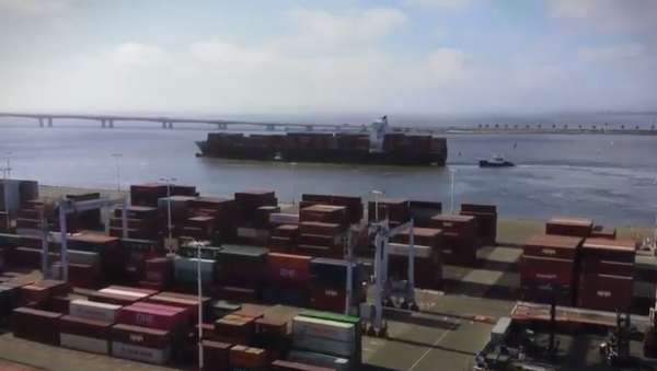 The Liberian-flagged cargo ship Volans, owned by Israeli shipping giant ZIM, sets sail on June 5, 2021, after being blocked from mooring at the Port of Oakland for two weeks by Palestinian solidarity activists - Sputnik International