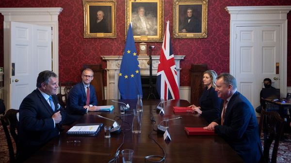 Britain's Brexit Minister David Frost chairs the first meeting of the Partnership Council with European Commission Vice-President Maros Sefcovic in London, June 9, 2021.  - Sputnik International