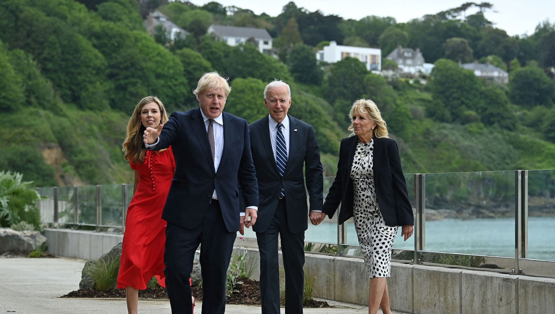 Britain's Prime Minister Boris Johnson (2L) and Britain's First Lady Carrie Johnson (L) walk with US President Joe Biden and US First Lady Jill Biden prior to a bi-lateral meeting at Carbis Bay, Cornwall on June 10, 2021 Britain's Prime Minister Boris Johnson (2L) and Britain's First Lady Carrie Johnson (L) walk with US President Joe Biden and US First Lady Jill Biden prior to a bi-lateral meeting at Carbis Bay, Cornwall on June 10, 2021 - Sputnik International, 1920, 10.06.2021