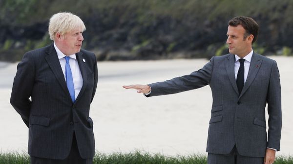 British Prime Minister Boris Johnson, left, speaks with French President Emmanuel Macron during arrivals for the G7 meeting at the Carbis Bay Hotel in Carbis Bay, St. Ives, Cornwall, England - Sputnik International