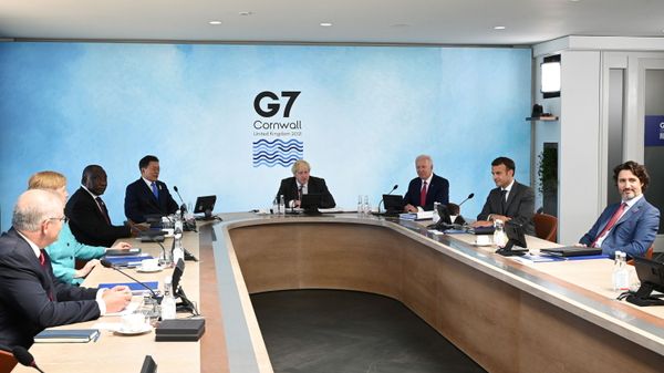 British Prime Minister Boris Johnson, U.S. President Joe Biden, France's President Emmanuel Macron, Canadian Prime Minister Justin Trudeau, Australia's Prime Minister Scott Morrison, German Chancellor Angela Merkel, South Africa's President Cyril Ramaphosa and South Korea's President Moon Jae-in attend a working session during G7 summit in Carbis Bay, Cornwall, Britain, June 12, 2021.  - Sputnik International