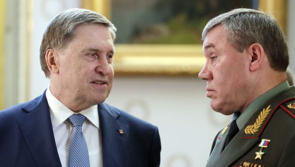 Russian Presidential Aide Yuri Ushakov, left, and Chief of the General Staff of Russian Armed Forces Valery Gerasimov talk during a meeting of Russian President Vladimir Putin with his U.S. counterpart Joe Biden at the Villa La Grange in Geneva, Switzerland - Sputnik International