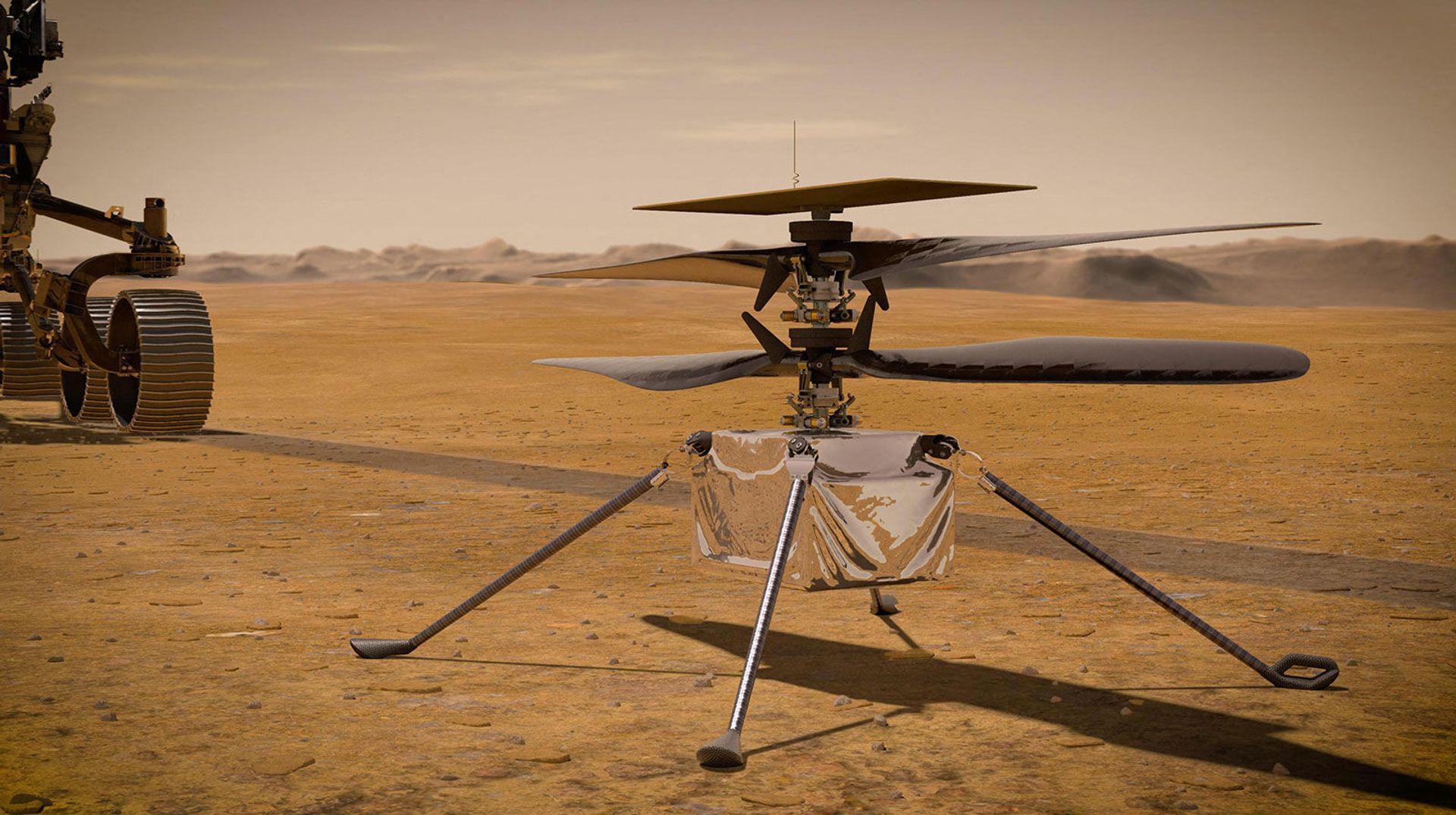 This NASA photo obtained on March 23, 2021 shows an illustration of NASA's Ingenuity Mars helicopter standing on the Red Planet's surface as NASA's Perseverance rover (partially visible on the left) rolls away - Sputnik International, 1920, 07.09.2021