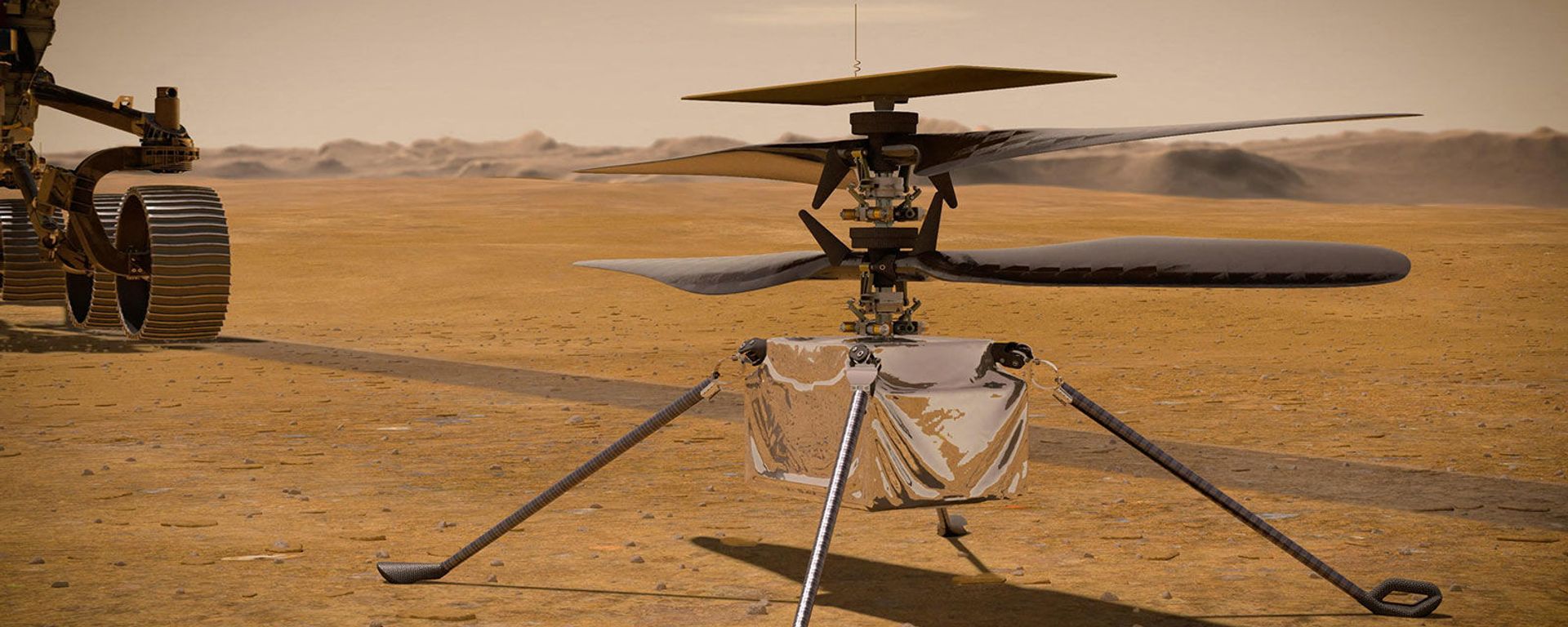 This NASA photo obtained on March 23, 2021 shows an illustration of NASA's Ingenuity Mars helicopter standing on the Red Planet's surface as NASA's Perseverance rover (partially visible on the left) rolls away - Sputnik International, 1920, 10.09.2022