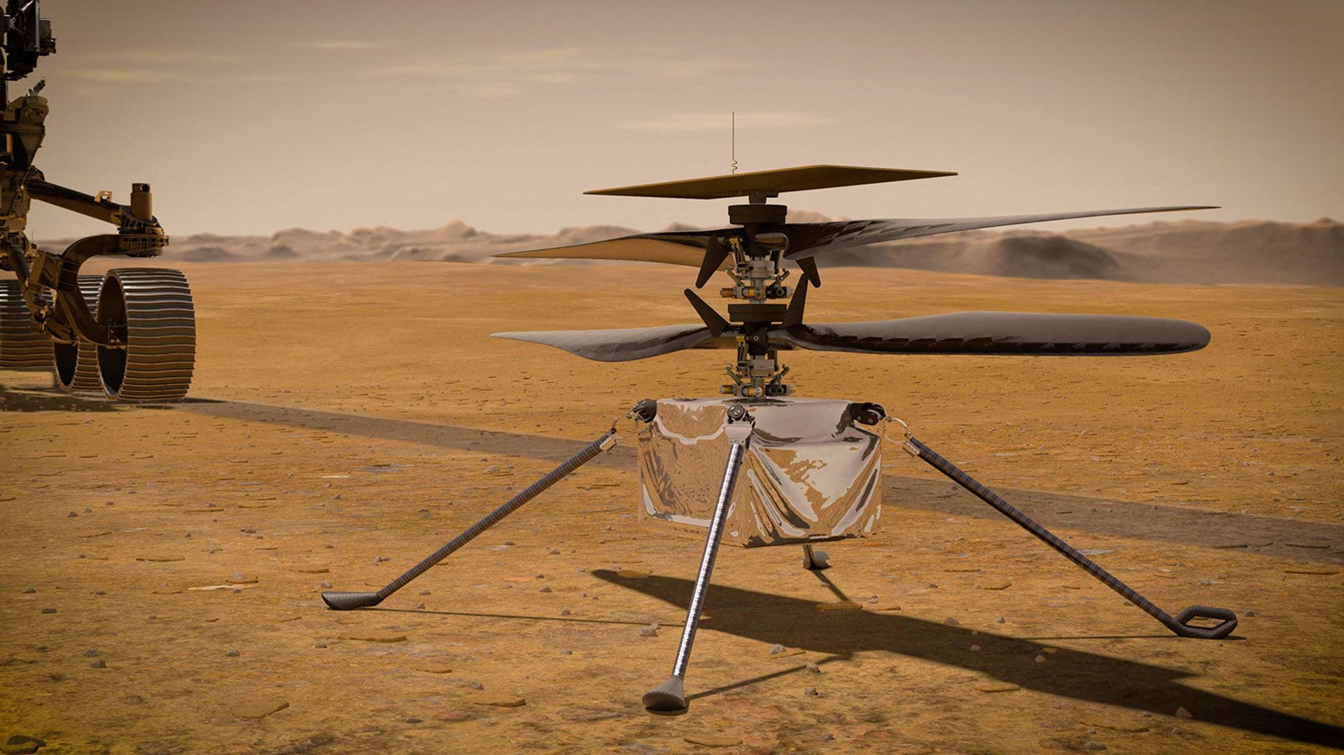 This NASA photo obtained on 23 March 2021 shows an illustration of NASA's Ingenuity Mars helicopter standing on the Red Planet's surface as NASA's Perseverance rover (partially visible on the left) rolls away This NASA photo obtained on 23 March 2021 shows an illustration of NASA's Ingenuity Mars helicopter standing on the Red Planet's surface as NASA's Perseverance rover (partially visible on the left) rolls away - Sputnik International, 1920, 18.06.2021