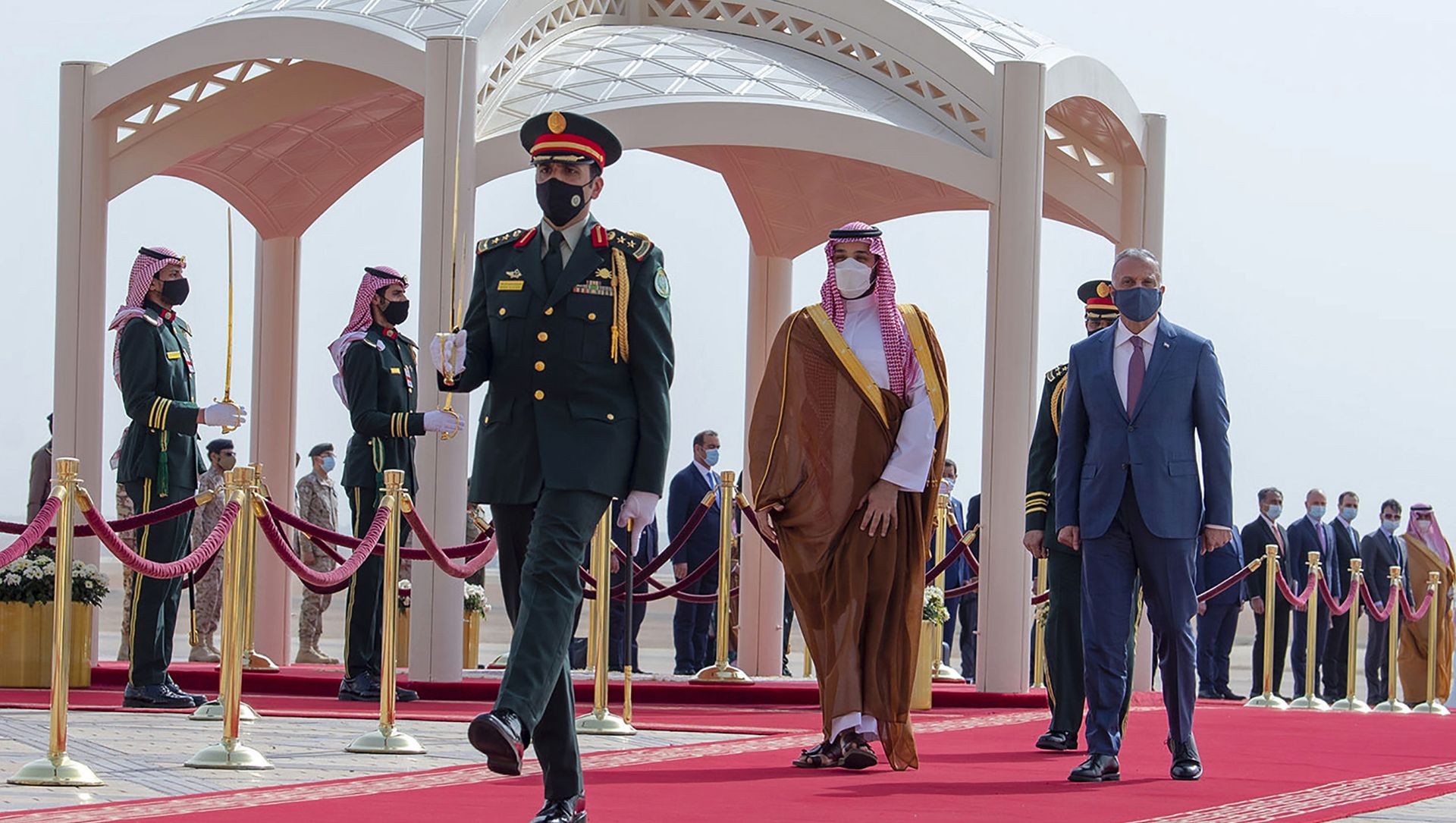 Saudi Crown Prince Mohammed bin Salman, center right, accompanies Iraqi Prime Minister Mustafa al-Kadhimi on his arrival to Riyadh International Airport, Saudi Arabia. A first round of direct talks held in April 2021, in Iraq, between regional rivals Saudi Arabia and Iran Saudi Crown Prince Mohammed bin Salman, center right, accompanies Iraqi Prime Minister Mustafa al-Kadhimi on his arrival to Riyadh International Airport, Saudi Arabia. A first round of direct talks held in April 2021, in Iraq, between regional rivals Saudi Arabia and Iran - Sputnik International, 1920, 19.06.2021