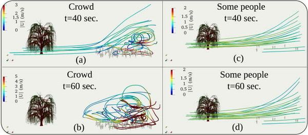 The three-dimensional streaklines (colored by the velocity magnitude) at t=40 s and t=60 s. (a) and (b) for a crowd of 97 individuals. (c) and (d) for a crowd of 11 individuals. The three-dimensional streaklines (colored by the velocity magnitude) at t=40 s and t=60 s. (a) and (b) for a crowd of 97 individuals. (c) and (d) for a crowd of 11 individuals. - Sputnik International