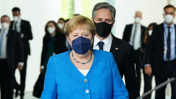 German Chancellor Angela Merkel and US Secretary of State Antony Blinken arrive for a joint press conference at the Chancellery in Berlin, Germany, Wednesday June 23, 2021. - Sputnik International