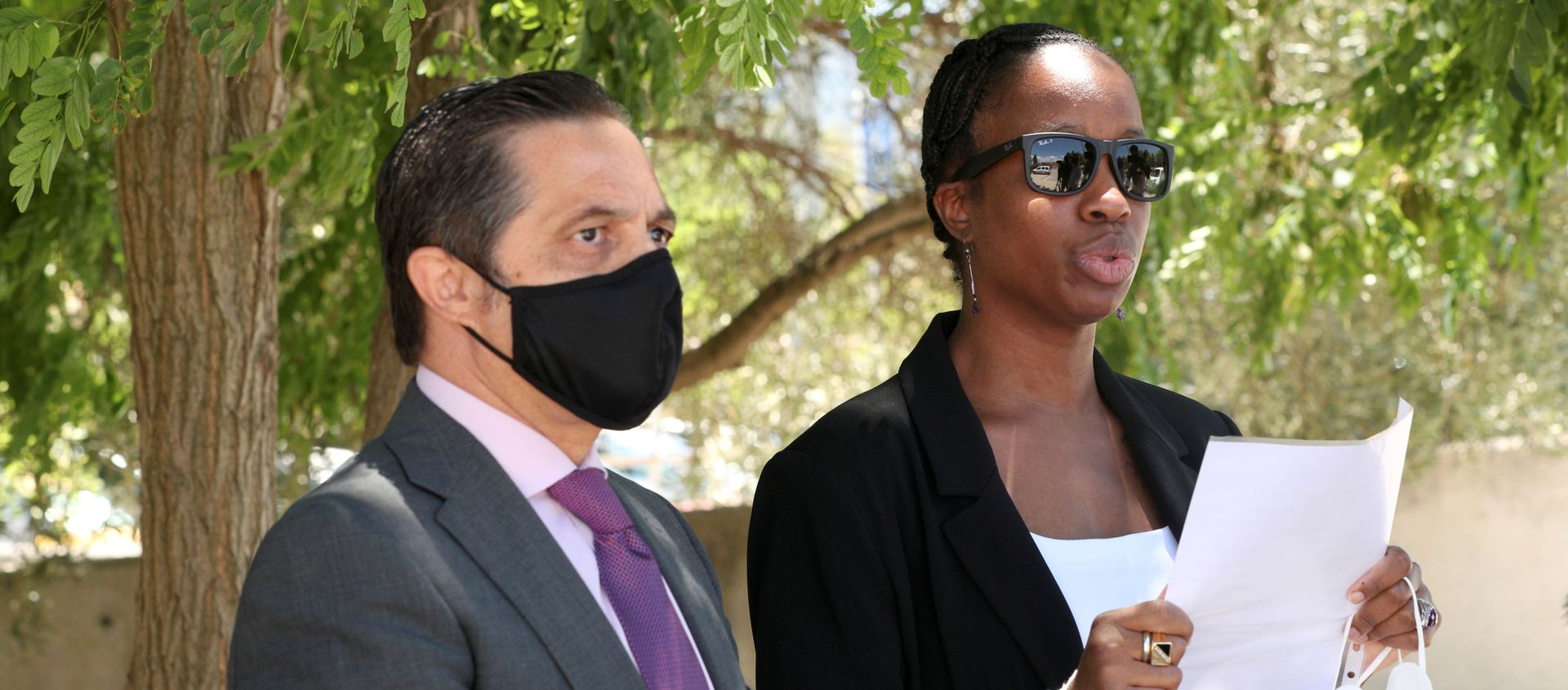 Janice McAfee, a wife of John McAfee, flanked by her lawyer Javier Villalba, speaks to media as she leaves the Brians 2 prison where her husband was found dead in his prison cell after the Spanish high court had authorised his extradition to the U.S., in Sant Esteve Sesrovires, Spain June 25, 2021. - Sputnik International, 1920, 25.06.2021