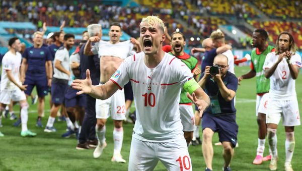 Soccer Football - Euro 2020 - Round of 16 - France v Switzerland - National Arena Bucharest, Bucharest, Romania - June 29, 2021   Switzerland's Granit Xhaka celebrates after the match - Sputnik International