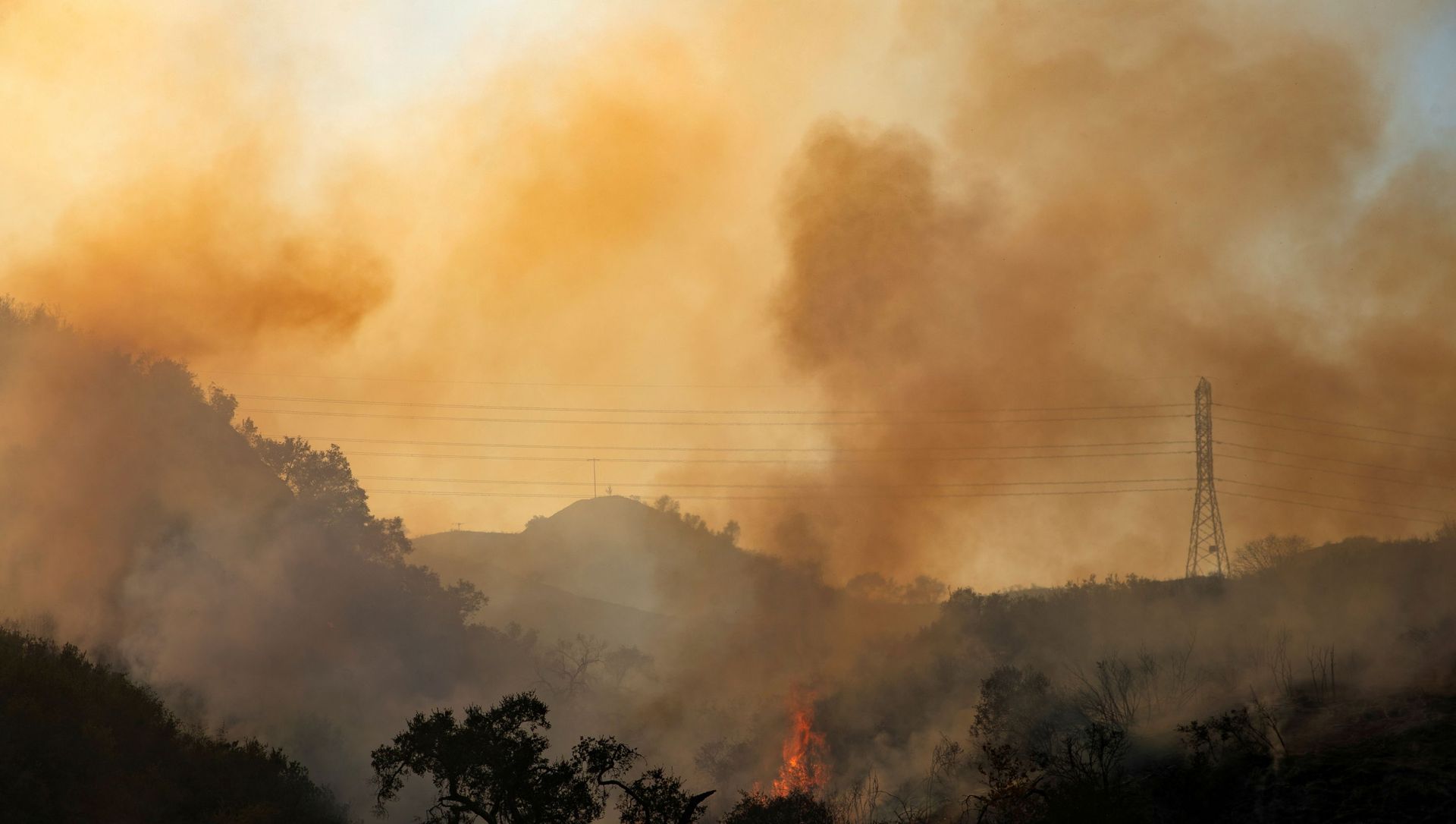 The Bond Fire wildfire continues to burn next to electrical power lines near Modjeska Canyon, California, U.S., December 3, 2020. The Bond Fire wildfire continues to burn next to electrical power lines near Modjeska Canyon, California, U.S., December 3, 2020. - Sputnik International, 1920, 30.06.2021