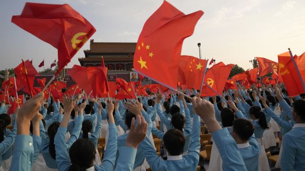 Chinese flags are waved during a rehearsal for a ceremony to mark the 100th anniversary of the founding of the ruling Chinese Communist Party at Tiananmen Gate in Beijing Thursday, July 1, 2021. Chinese flags are waved during a rehearsal for a ceremony to mark the 100th anniversary of the founding of the ruling Chinese Communist Party at Tiananmen Gate in Beijing Thursday, July 1, 2021. - Sputnik International