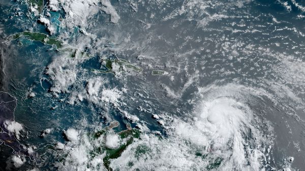 This satellite image provided by the National Oceanic and Atmospheric Administration shows Hurricane Elsa moving through the Caribbean, over Barbados, Tuesday, July 2, 2021, at 12:00 Z (8am a.m. ET). Elsa was expected to pass near the southern coast of Hispaniola on Saturday and to move near Jamaica and portions of eastern Cuba on Sunday. (NOAA/NESDIS/STAR GOES via AP) - Sputnik International