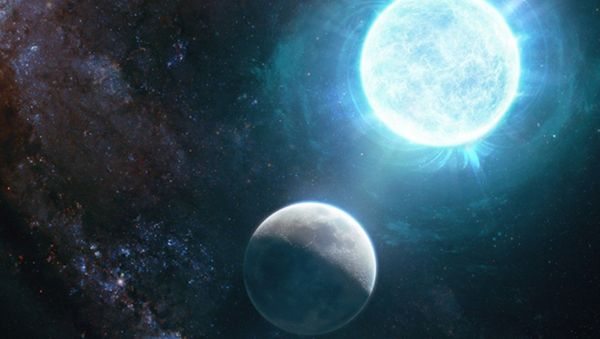 An artist's depiction captures a newfound small white dwarf, right, in comparison to the  Earth's moon.  - Sputnik International