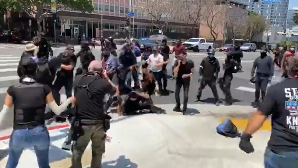 Screenshot from a video allegedly filmed in Los Angeles during clashes between protesters after an alleged transgender female exposed their genitals at a city spa - Sputnik International
