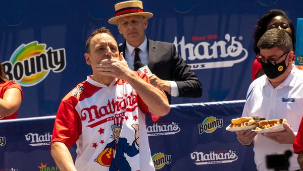 Competitive eating champion Joey Jaws Chestnut wins the 2021 Nathan's Famous 4th Of July International Hot Dog Eating Contest with 76 hot dogs, breaking his personal best record of 75 at Coney Island on July 4, 2021 in New York City. The first Fourth of July Hot Dog Eating Contest dates back to 1916, the year Nathan's Famous opened on Surf Avenue in Coney Island. Competitive eating champion Joey Jaws Chestnut wins the 2021 Nathan's Famous 4th Of July International Hot Dog Eating Contest with 76 hot dogs, breaking his personal best record of 75 at Coney Island on July 4, 2021 in New York City. The first Fourth of July Hot Dog Eating Contest dates back to 1916, the year Nathan's Famous opened on Surf Avenue in Coney Island. - Sputnik International
