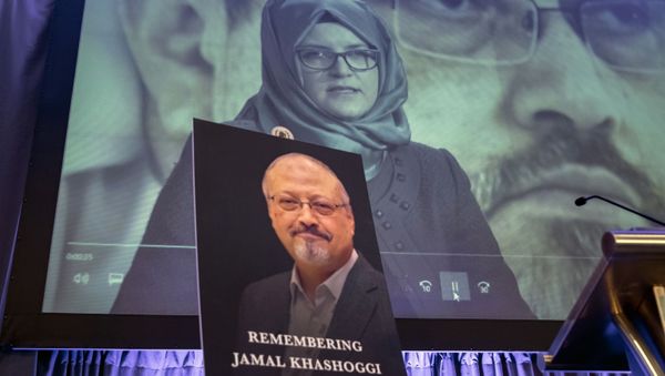 FILE - In this Nov. 2, 2018 file photo, a video image of Hatice Cengiz, fiancee of slain Saudi journalist Jamal Khashoggi, is played during an event to remember Khashoggi, who died inside the Saudi Consulate in Istanbul on Oct. 2, 2018, in Washington FILE - In this Nov. 2, 2018 file photo, a video image of Hatice Cengiz, fiancee of slain Saudi journalist Jamal Khashoggi, is played during an event to remember Khashoggi, who died inside the Saudi Consulate in Istanbul on Oct. 2, 2018, in Washington - Sputnik International