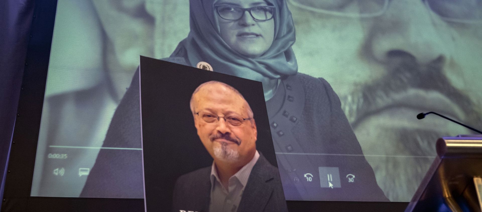 FILE - In this Nov. 2, 2018 file photo, a video image of Hatice Cengiz, fiancee of slain Saudi journalist Jamal Khashoggi, is played during an event to remember Khashoggi, who died inside the Saudi Consulate in Istanbul on Oct. 2, 2018, in Washington - Sputnik International, 1920, 07.07.2021