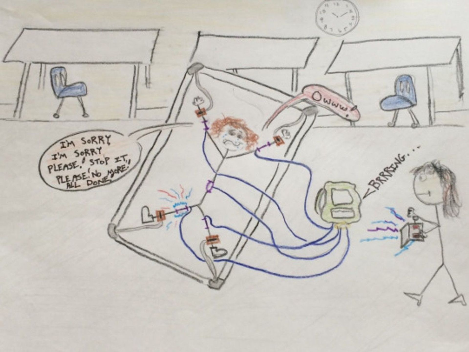 This is a drawing by a former resident of the Judge Rotenberg Educational Center depicting the punishment of GED shocks while restrained to a four-point board. Residents sometimes received multiple GED shocks while restrained to a four-point board as punishments for standard infractions. - Sputnik International, 1920, 07.09.2021