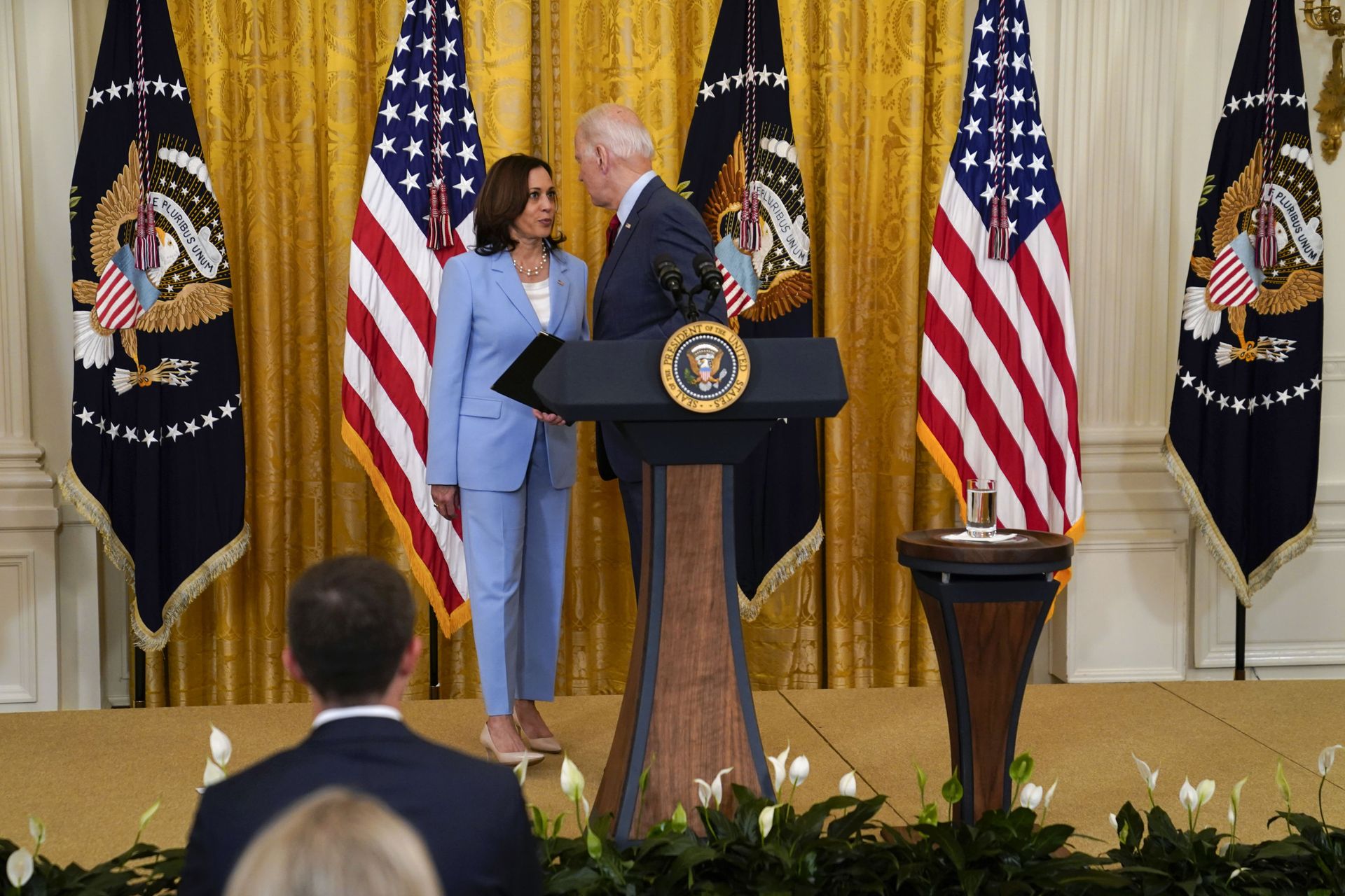 President Joe Biden speaks with Vice President Kamala Harris after Biden spoke about infrastructure negotiations, in the East Room of the White House, Thursday, June 24, 2021, in Washington. President Joe Biden speaks with Vice President Kamala Harris after Biden spoke about infrastructure negotiations, in the East Room of the White House, Thursday, June 24, 2021, in Washington. - Sputnik International, 1920, 07.09.2021