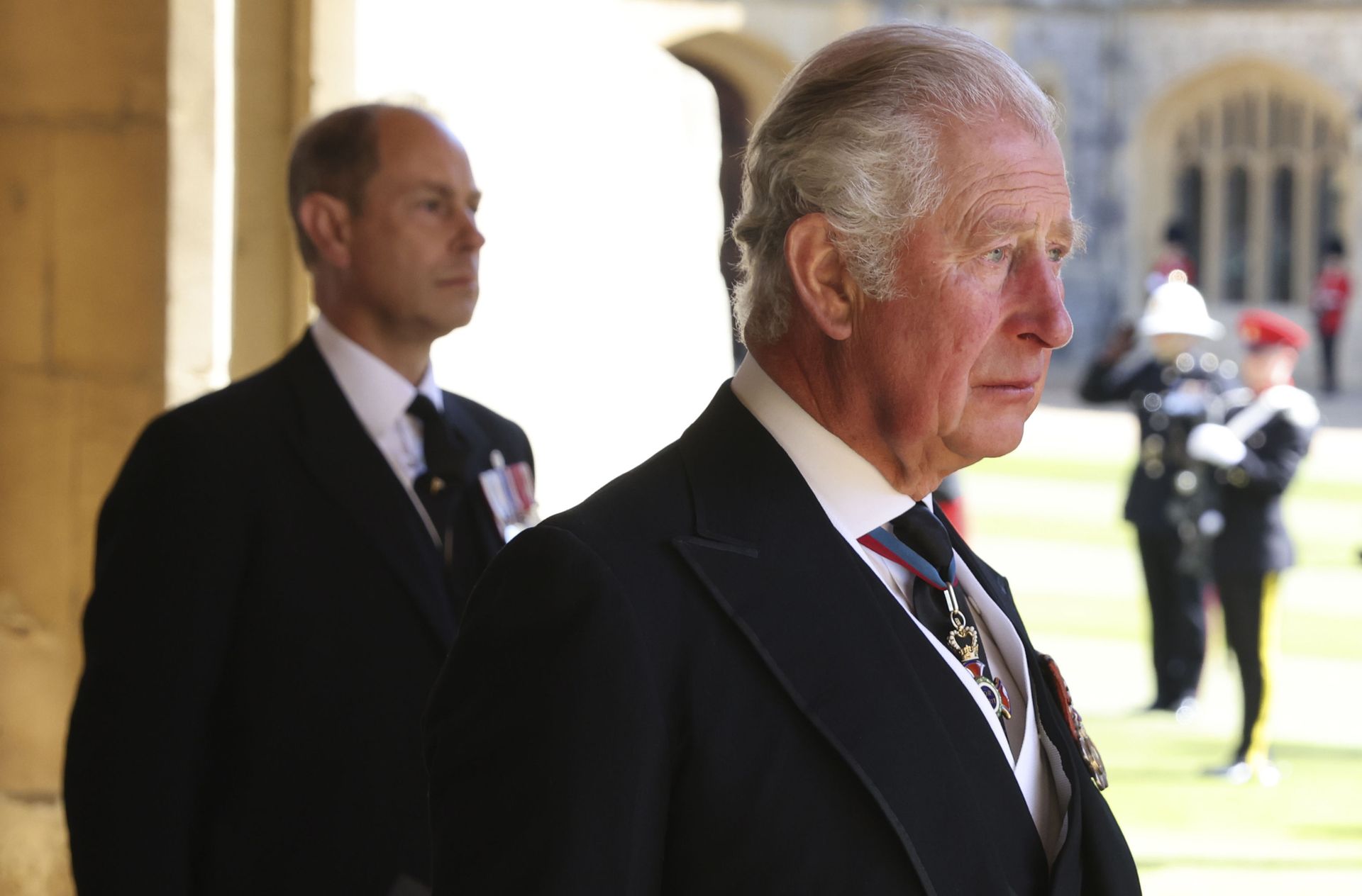 Prince Charles, right, and Prince Edward follow the procession during the funeral of Britain's Prince Philip inside Windsor Castle in Windsor, England, Saturday, April 17, 2021. Prince Philip died April 9 at the age of 99 after 73 years of marriage to Britain's Queen Elizabeth II Prince Charles, right, and Prince Edward follow the procession during the funeral of Britain's Prince Philip inside Windsor Castle in Windsor, England, Saturday, April 17, 2021. Prince Philip died April 9 at the age of 99 after 73 years of marriage to Britain's Queen Elizabeth II - Sputnik International, 1920, 23.04.2022