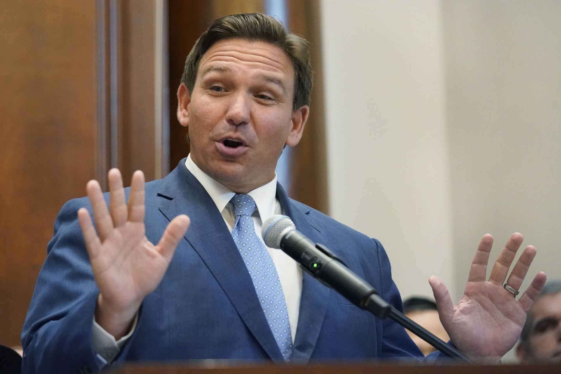 Florida Gov. Ron DeSantis gestures as he speaks, Monday, June 14, 2021, at the Shul of Bal Harbour, a Jewish community center in Surfside, Fla. DeSantis visited the South Florida temple to denounce anti-Semitism and stand with Israel, while signing a bill into law that would require public schools in his state to set aside moments of silence for children to meditate or pray Florida Gov. Ron DeSantis gestures as he speaks, Monday, June 14, 2021, at the Shul of Bal Harbour, a Jewish community center in Surfside, Fla. DeSantis visited the South Florida temple to denounce anti-Semitism and stand with Israel, while signing a bill into law that would require public schools in his state to set aside moments of silence for children to meditate or pray - Sputnik International, 1920, 07.09.2021
