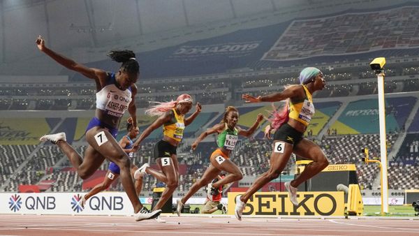 Shelly-Ann Fraser-Pryce won the 100m in Doha in 2019 but she will be pushed hard by Dina Asher-Smith (far left) - Sputnik International
