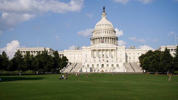 A woman looks at her mobile phone on the lawn of the U.S. Capitol a day after security fencing was removed as a reduction in heightened security measures taken after the January 6th attack on the U.S. Capitol in Washington, U.S., July 11, 2021.  - Sputnik International
