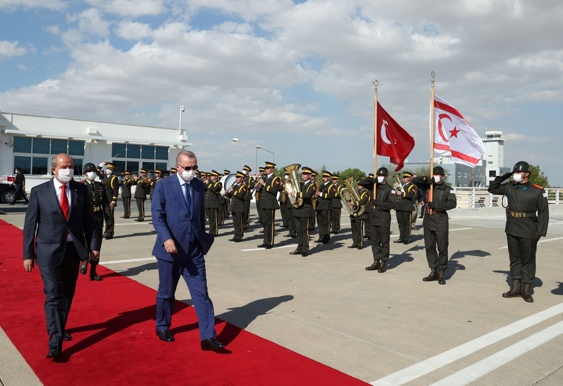 Turkish President Tayyip Erdogan reviews a guard of honour with Turkish Cypriot leader Ersin Tatar before he daparts from the Turkish Republic of Northern Cyprus, a breakway state recognized only by Turkey, in northern Nicosia, Cyprus July 20, 2021. Turkish President Tayyip Erdogan reviews a guard of honour with Turkish Cypriot leader Ersin Tatar before he daparts from the Turkish Republic of Northern Cyprus, a breakway state recognized only by Turkey, in northern Nicosia, Cyprus July 20, 2021. - Sputnik International, 1920, 07.09.2021