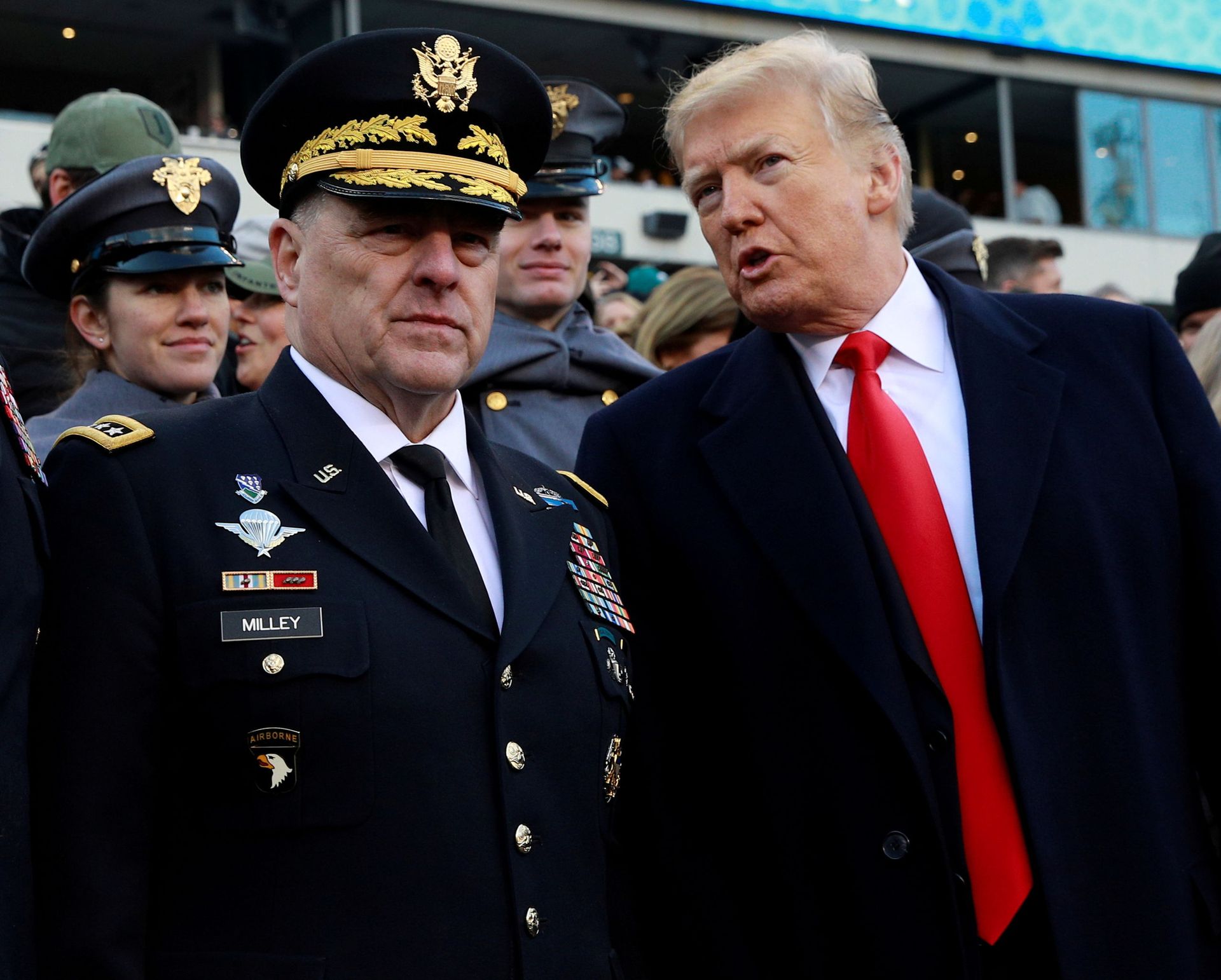 U.S. President Donald Trump and Gen. Mark Milley, Chief of Staff of the United States Army, speak at the 119th Army-Navy football game at Lincoln Financial Field in Philadelphia, Pennsylvania, U.S. December 8, 2018 U.S. President Donald Trump and Gen. Mark Milley, Chief of Staff of the United States Army, speak at the 119th Army-Navy football game at Lincoln Financial Field in Philadelphia, Pennsylvania, U.S. December 8, 2018 - Sputnik International, 1920, 14.09.2021
