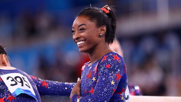 Tokyo 2020 Olympics - Gymnastics - Artistic - Women's Individual All-Around - Qualification - Ariake Gymnastics Centre, Tokyo, Japan - July 25, 2021. Simone Biles of the United States reacts Tokyo 2020 Olympics - Gymnastics - Artistic - Women's Individual All-Around - Qualification - Ariake Gymnastics Centre, Tokyo, Japan - July 25, 2021. Simone Biles of the United States reacts - Sputnik International