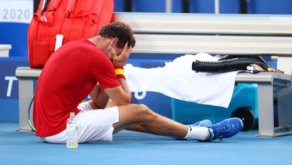 Tokyo 2020 Olympics - Tennis - Men's Singles - Bronze medal match - Ariake Tennis Park - Tokyo, Japan - July 31, 2021. Pablo Carreno of Spain reacts after winning his bronze medal match against Novak Djokovic of Serbia REUTERS/Edgar Su Tokyo 2020 Olympics - Tennis - Men's Singles - Bronze medal match - Ariake Tennis Park - Tokyo, Japan - July 31, 2021. Pablo Carreno of Spain reacts after winning his bronze medal match against Novak Djokovic of Serbia REUTERS/Edgar Su - Sputnik International
