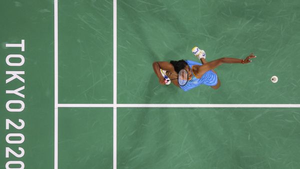 Tokyo 2020 Olympics - Badminton - Women's Singles - Bronze medal match - MFS - Musashino Forest Sport Plaza, Tokyo, Japan – August 1, 2021. P.V. Sindhu of India in action during the match against He Bingjiao of China. Tokyo 2020 Olympics - Badminton - Women's Singles - Bronze medal match - MFS - Musashino Forest Sport Plaza, Tokyo, Japan – August 1, 2021. P.V. Sindhu of India in action during the match against He Bingjiao of China. - Sputnik International