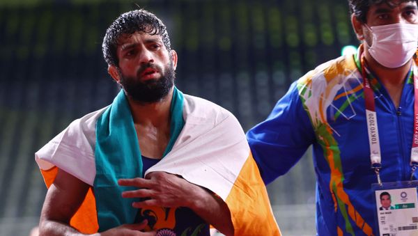 Ravi Kumar of India after winning in the semi-final at the Tokyo 2020 Olympics for the Wrestling (Freestyle) in the Men's 57kg category. Makuhari Messe Hall A, Chiba, Japan on 4 August 2021. Ravi Kumar of India after winning in the semi-final at the Tokyo 2020 Olympics for the Wrestling (Freestyle) in the Men's 57kg category. Makuhari Messe Hall A, Chiba, Japan on 4 August 2021. - Sputnik International