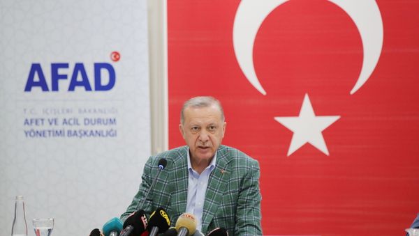 Turkish President Recep Tayyip Erdogan gives a statement after visiting Manavgat and Marmaris to inspect the wildfire disaster, in Marmaris, Turkey, July 31, 2021. - Sputnik International