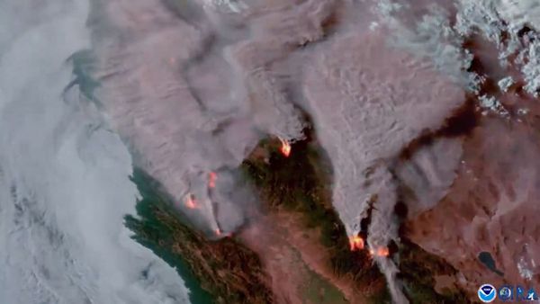 This undated satellite image, courtesy of the National Oceanic and Atmospheric Administration (NOAA), shows smoke rising from the Dixie fire in California. - Sputnik International