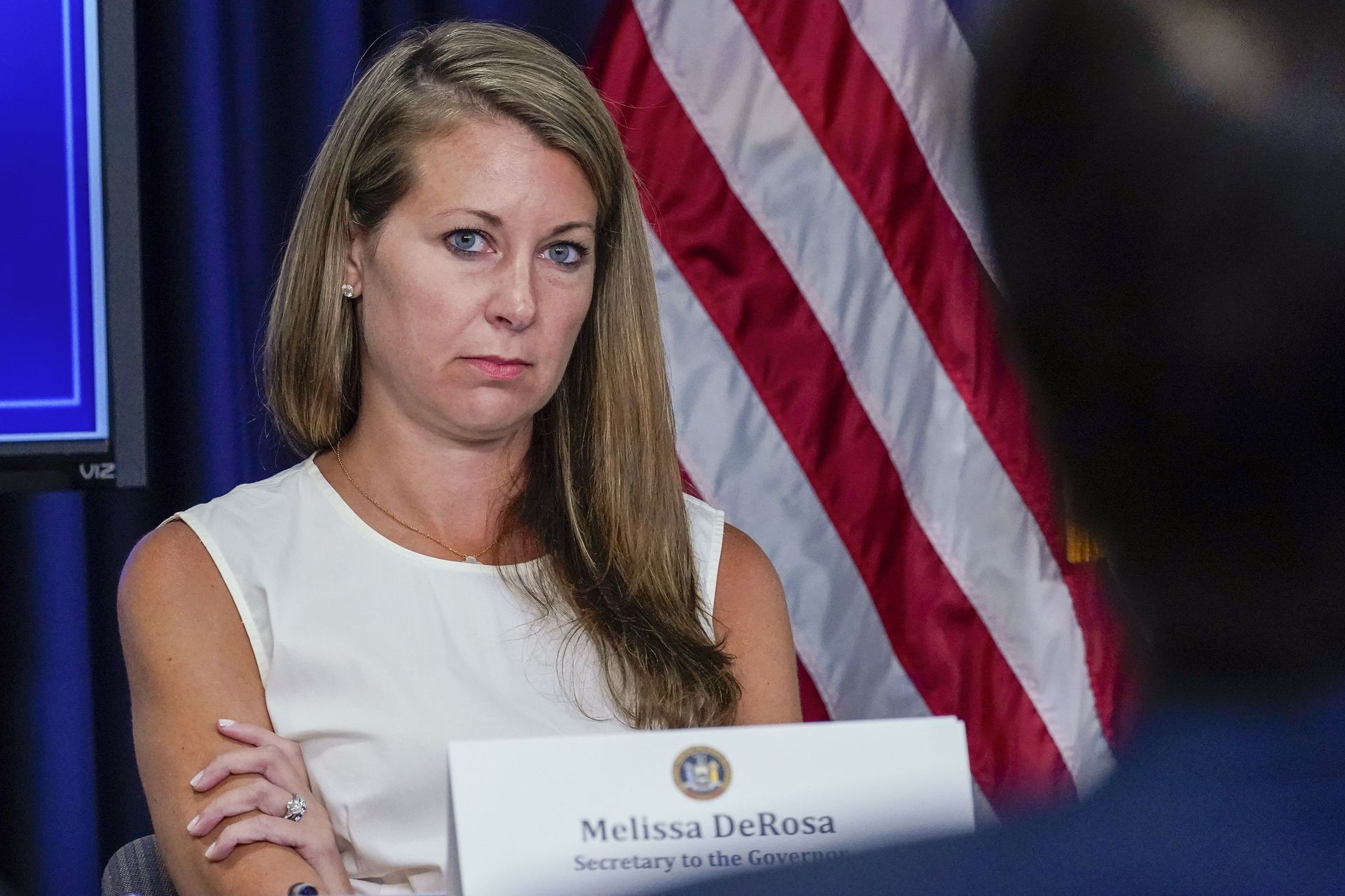 Secretary to the Governor Melissa DeRosa listens as New York Gov. Andrew Cuomo speaks to reporters during a news conference, Wednesday, June 23, 2021, in New York. Secretary to the Governor Melissa DeRosa listens as New York Gov. Andrew Cuomo speaks to reporters during a news conference, Wednesday, June 23, 2021, in New York. - Sputnik International, 1920, 07.09.2021