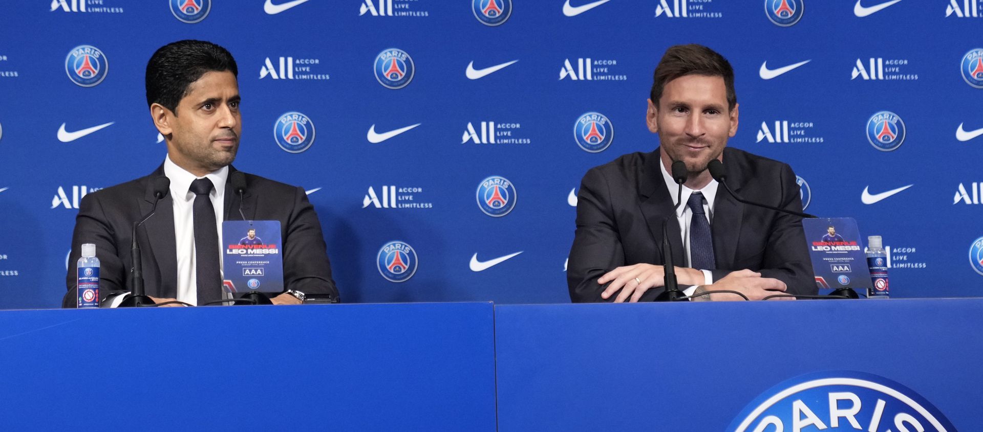 Lionel Messi, right, and PSG president Nasser Al-Al-Khelaifi attend a press conference Wednesday, Aug. 11, 2021 at the Parc des Princes stadium in Paris. Lionel Messi, right, and PSG president Nasser Al-Al-Khelaifi attend a press conference Wednesday, Aug. 11, 2021 at the Parc des Princes stadium in Paris. - Sputnik International, 1920, 11.08.2021