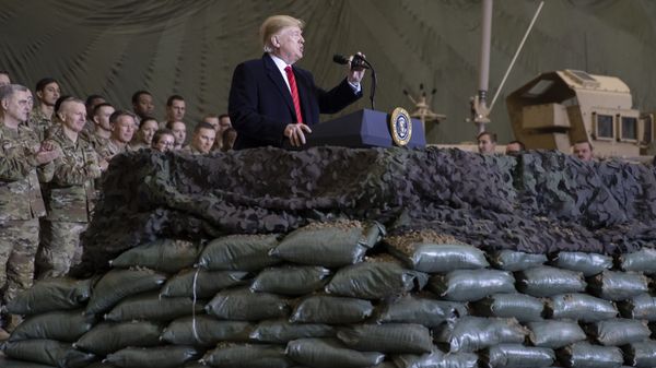 President Donald Trump speaking to members of the military during a surprise Thanksgiving Day visit, Thursday, Nov. 28, 2019, at Bagram Air Field, Afghanistan - Sputnik International